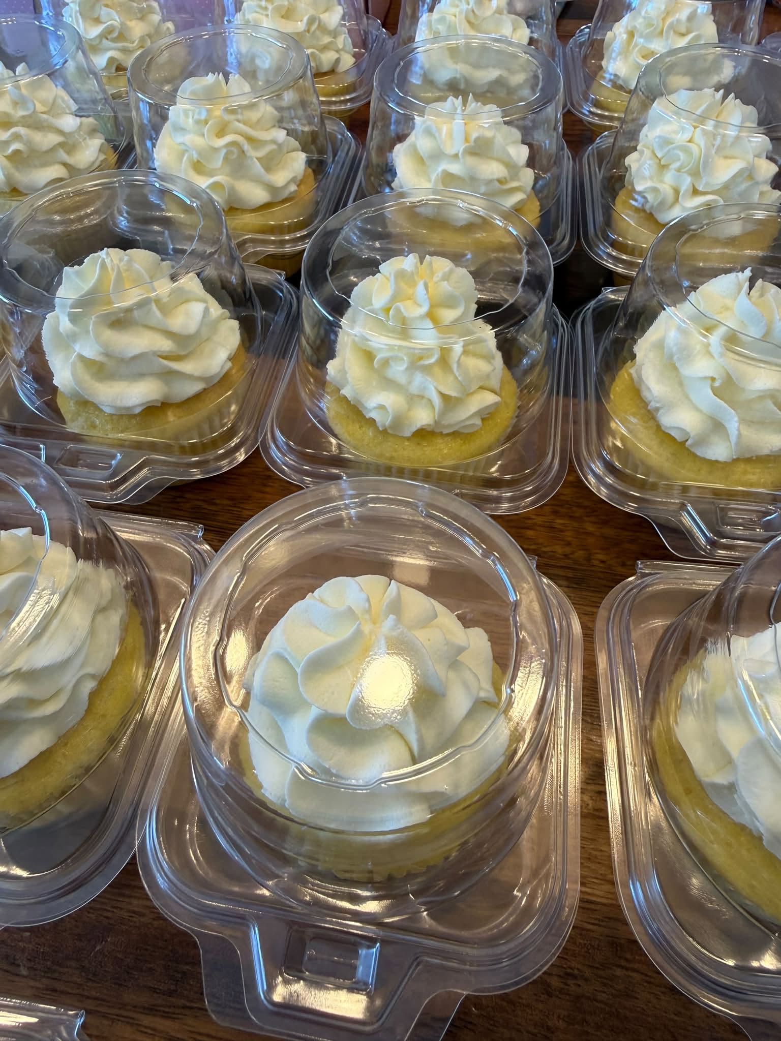 Rows of vanilla cupcakes in clear clamshell containers